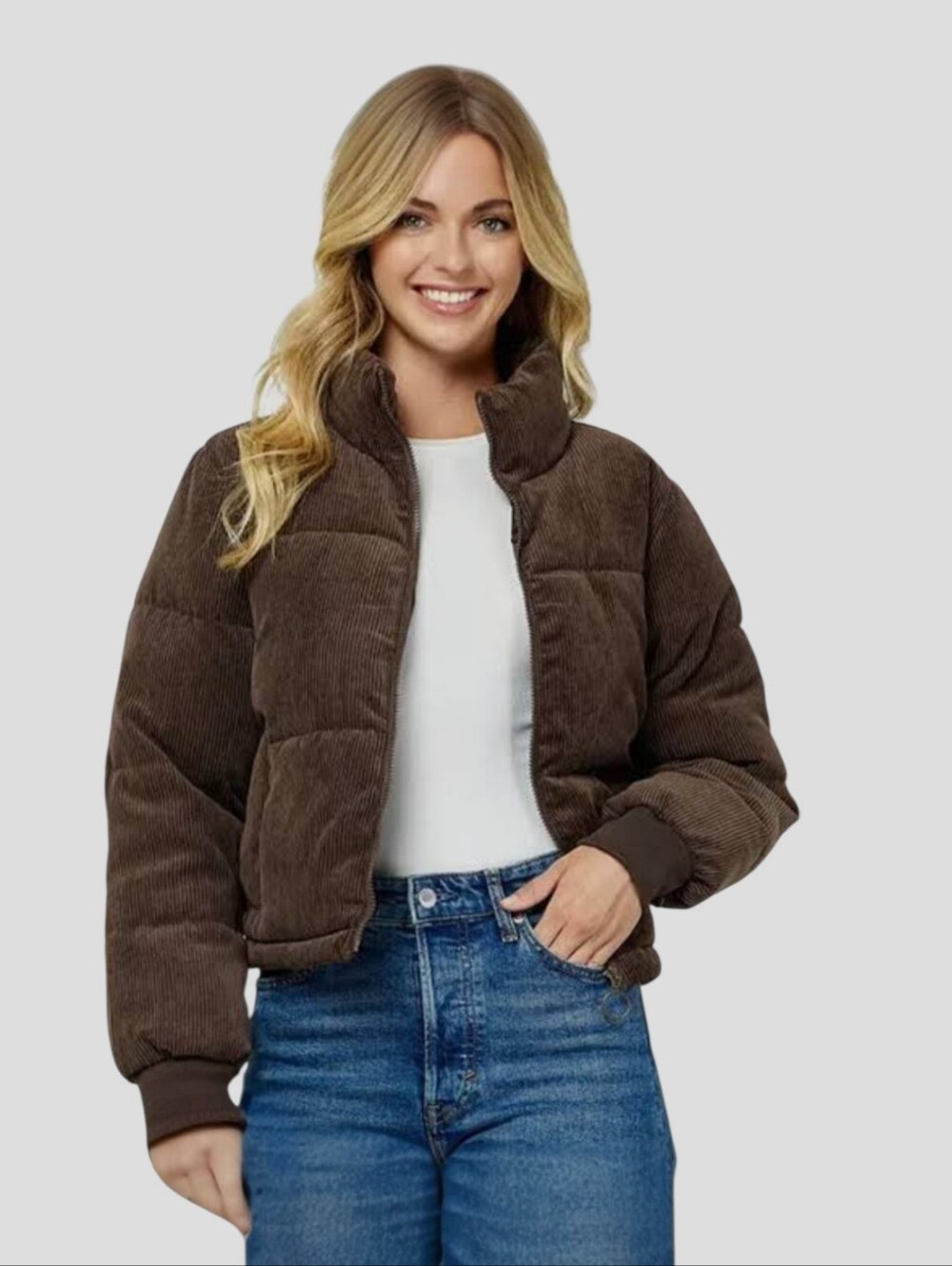 NEW 🤎 CI SONO Women's Brown Corduroy Puffer Crop Jacket